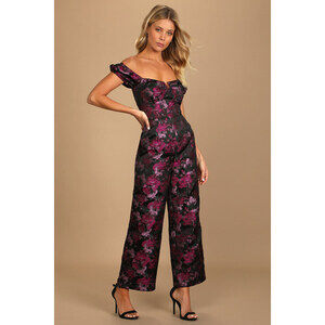 Lulus New Glam Black Floral Jacquard Bustier Off-the-shoulder Jumpsuit - Size S